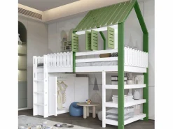 Hauss Spole Cama alta, cama infantil cabina 90x200cm con escalera, armario y estantes de almacenamiento, somier de láminas, sin colchón, color blanco y