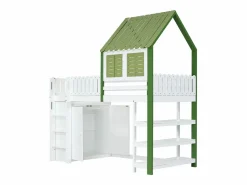 Hauss Spole Cama alta, cama infantil cabina 90x200cm con escalera, armario y estantes de almacenamiento, somier de láminas, sin colchón, color blanco y