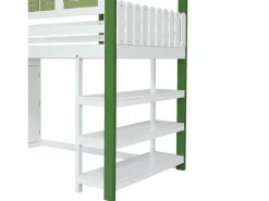 Hauss Spole Cama alta, cama infantil cabina 90x200cm con escalera, armario y estantes de almacenamiento, somier de láminas, sin colchón, color blanco y