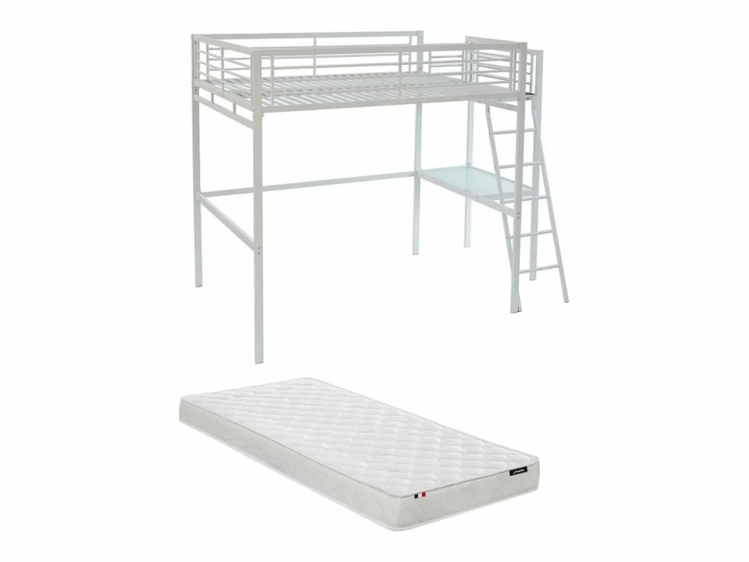 Sale Vente-unique Cama alta CASUALII para 2 personas con escritorio, color , con colchón Blanco