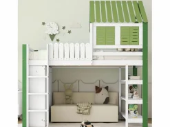 Outlet Cama alta con armario y estante, 90 x 200 cm, cama infantil con somier, color Cama Alta|Cama Infantil