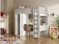 Vente-unique Cama alta con armario y escritorio, 90 x 200 cm, gris natural y blanco - NICOLAS