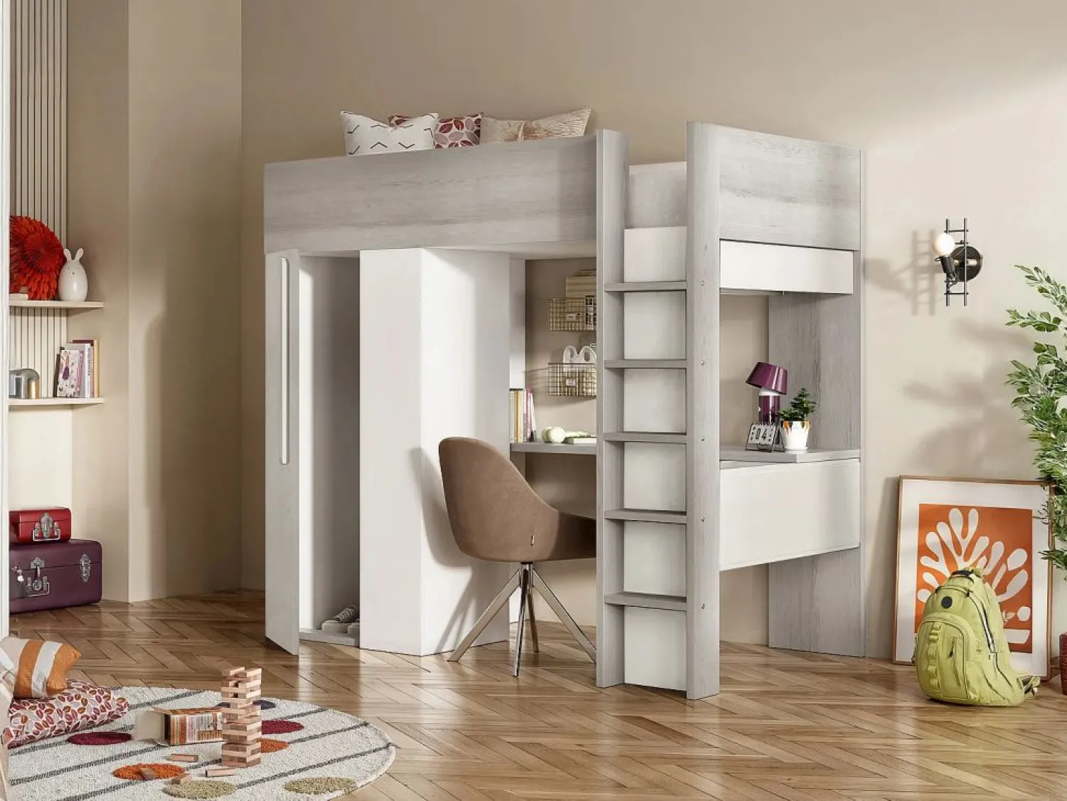 Vente-unique Cama alta con armario y escritorio, 90 x 200 cm, gris natural y blanco - NICOLAS