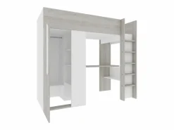 Vente-unique Cama alta con armario y escritorio, 90 x 200 cm, gris natural y blanco - NICOLAS