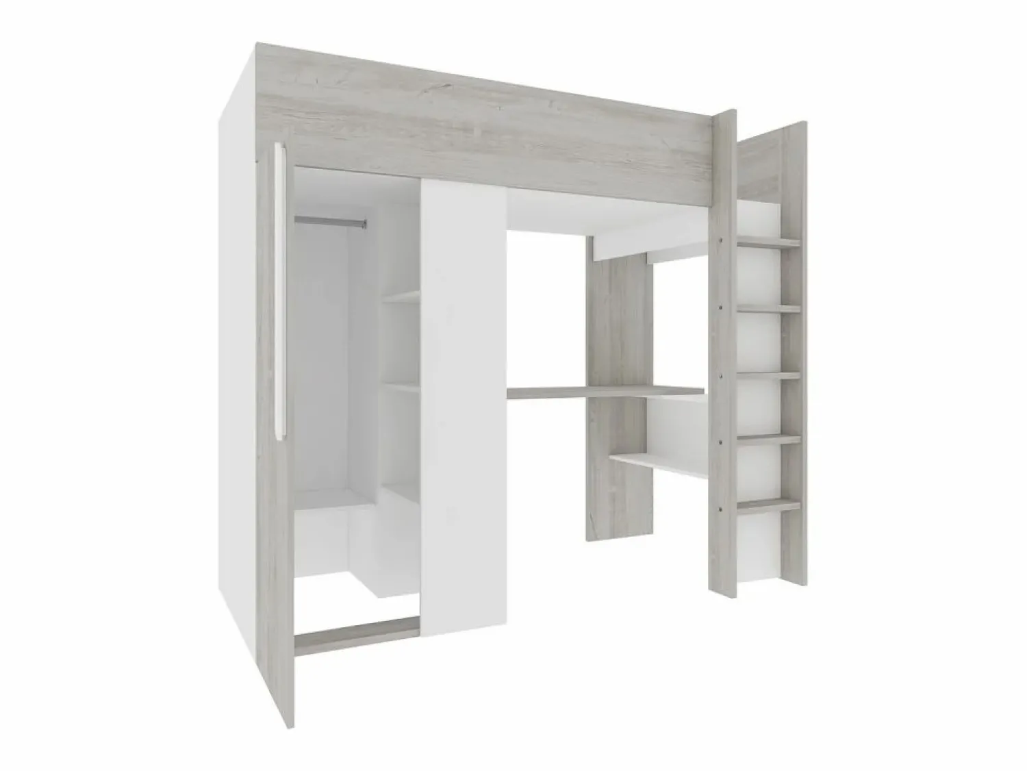 Vente-unique Cama alta con armario y escritorio, 90 x 200 cm, gris natural y blanco - NICOLAS