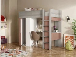 Vente-unique Cama alta con armario y escritorio en 90 x 200 cm - Gris rosa y blanco NICOLAS