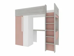 Vente-unique Cama alta con armario y escritorio en 90 x 200 cm - Gris rosa y blanco NICOLAS