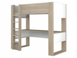 Vente-unique Cama alta con escritorio y almacenaje, 90 x 200 cm, roble y blanco, con colchón NOAH