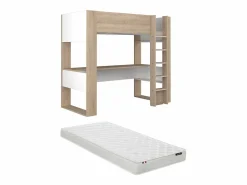 Vente-unique Cama alta con escritorio y almacenaje, 90 x 200 cm, roble y blanco, con colchón NOAH