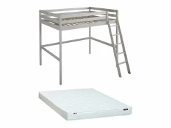 Vente-unique Cama alta con escritorio 140 x 190 cm de Pino macizo con colchón GEDEON II Blanco