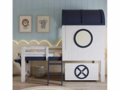 Outlet Cama alta de 90 x 200 cm - Cama infantil con escalera y cajones - Blanca y azul oscuro - Sin colchón Cama Montessori