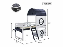 Outlet Cama alta de 90 x 200 cm - Cama infantil con escalera y cajones - Blanca y azul oscuro - Sin colchón Cama Montessori