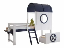 Outlet Cama alta de 90 x 200 cm - Cama infantil con escalera y cajones - Blanca y azul oscuro - Sin colchón Cama Montessori