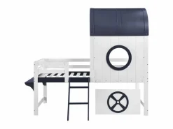 Outlet Cama alta de 90 x 200 cm - Cama infantil con escalera y cajones - Blanca y azul oscuro - Sin colchón Cama Montessori