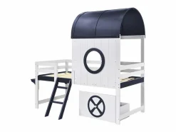 Outlet Cama alta de 90 x 200 cm - Cama infantil con escalera y cajones - Blanca y azul oscuro - Sin colchón Cama Montessori