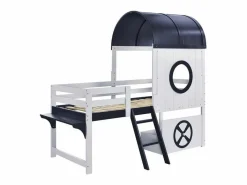 Outlet Cama alta de 90 x 200 cm - Cama infantil con escalera y cajones - Blanca y azul oscuro - Sin colchón Cama Montessori