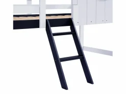 Outlet Cama alta de 90 x 200 cm - Cama infantil con escalera y cajones - Blanca y azul oscuro - Sin colchón Cama Montessori