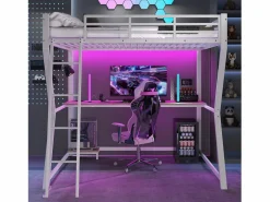 Best Cama alta de 140 x 200 cm - Cama para adultos con iluminación LED y USB, escritorio - - colchón no incluido Blanco