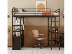 Hot Cama alta de 90 x 200 cm - Cama para adultos con puertos USB - Negra - Con escritorio - Sin colchón Cama Alta