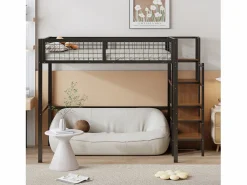 Clearance Cama alta de 140 x 200 cm - con estantes y somier - metal - colchón no incluido Cama Alta