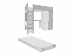 Clearance Vente-unique Cama alta de 90 x 200 cm con armario y escritorio en gris natural y blanco + colchón - NICOLAS Gris claro / Blanco