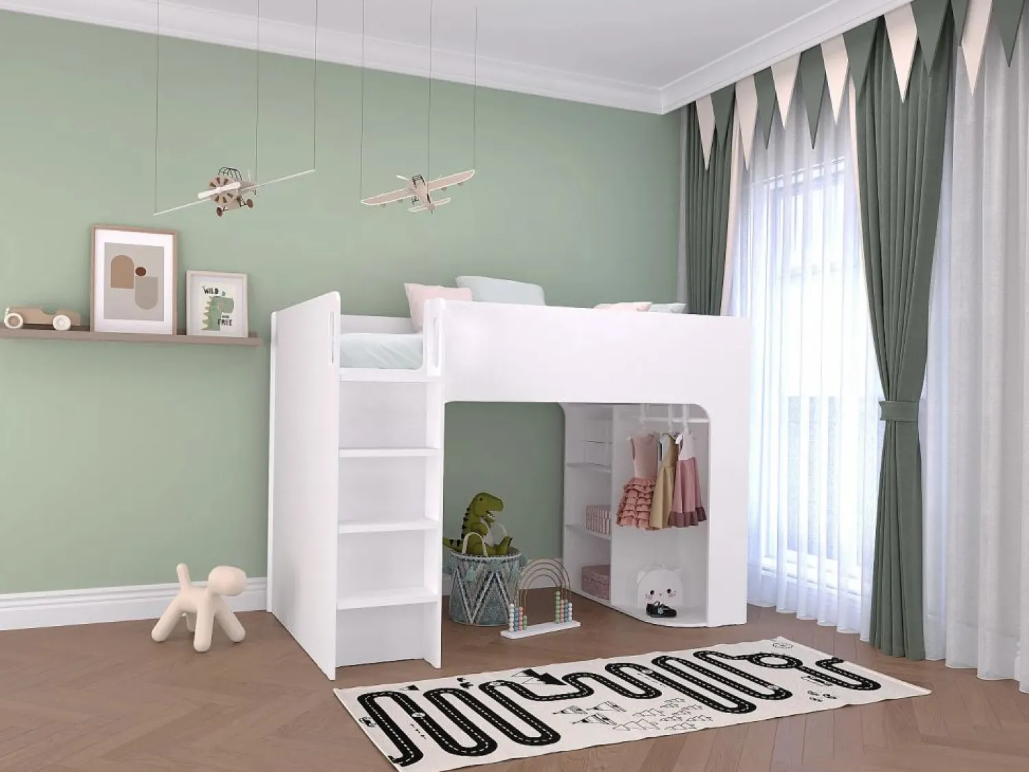 Vente-unique Cama alta de 90 x 190 cm con almacenaje, blanca + colchón - COLUMI