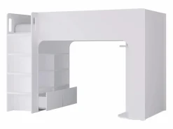 Vente-unique Cama alta de 90 x 190 cm con almacenaje, blanca + colchón - COLUMI