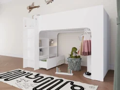 Vente-unique Cama alta de 90 x 190 cm con almacenaje, blanca + colchón - COLUMI