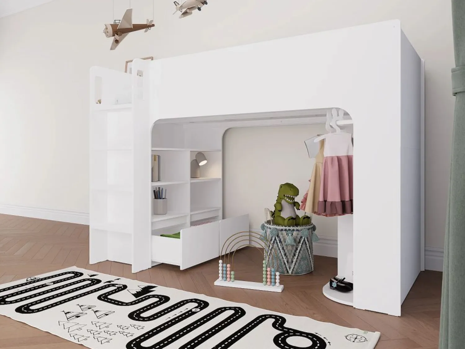 Vente-unique Cama alta de 90 x 190 cm con almacenaje, blanca + colchón - COLUMI