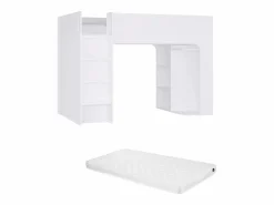 Vente-unique Cama alta de 90 x 190 cm con almacenaje, blanca + colchón - COLUMI