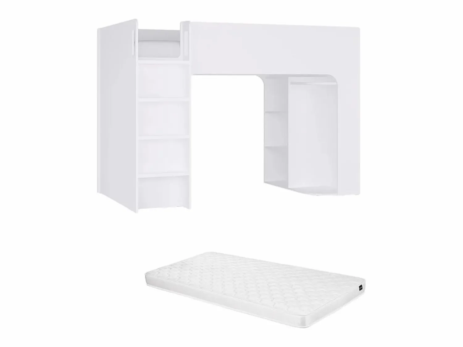 Vente-unique Cama alta de 90 x 190 cm con almacenaje, blanca + colchón - COLUMI