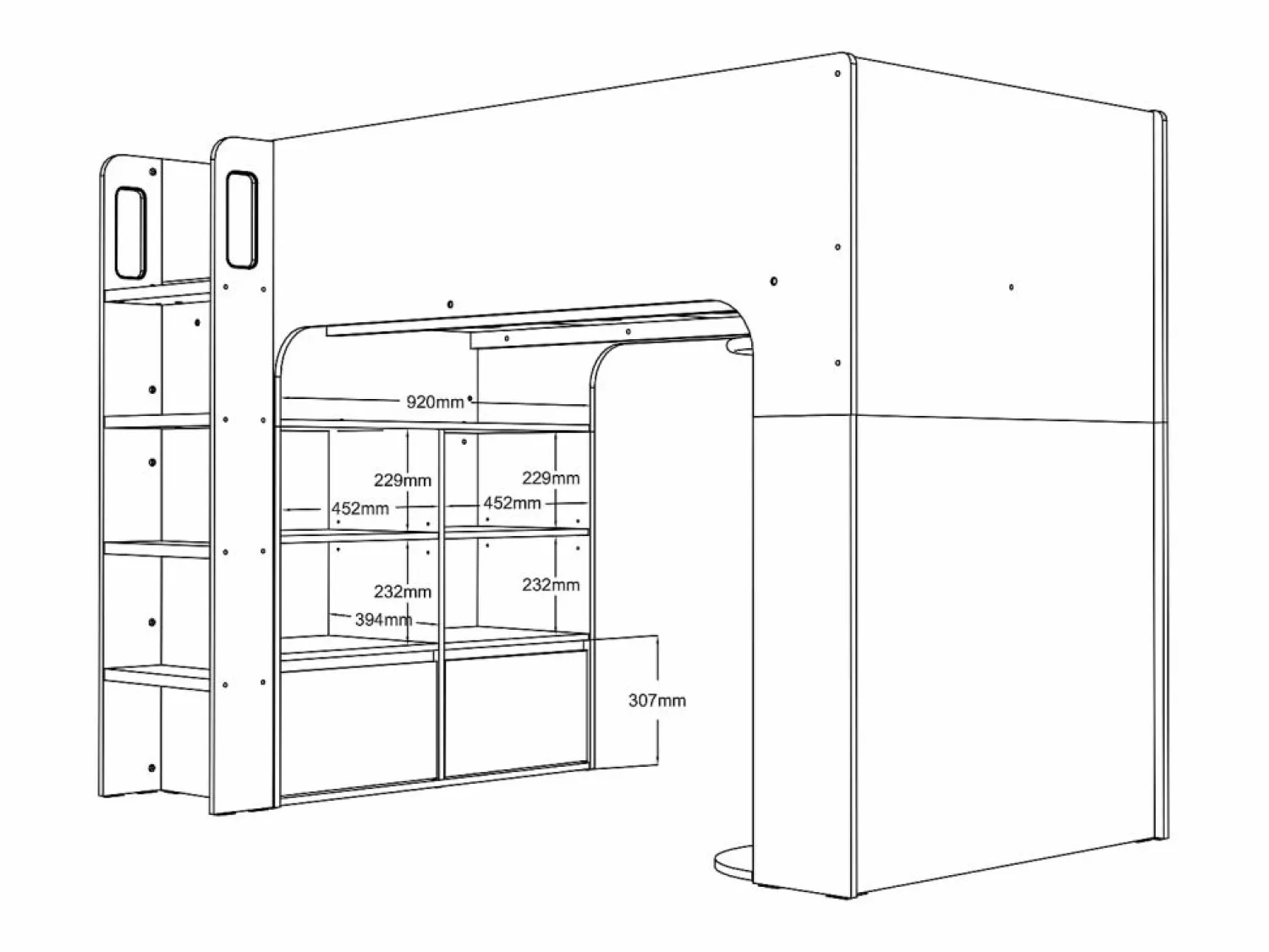 Vente-unique Cama alta de 90 x 190 cm con almacenaje, blanca + colchón - COLUMI
