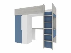 Vente-unique Cama alta de 90 x 200 cm con armario y escritorio, azul y blanco - NICOLAS