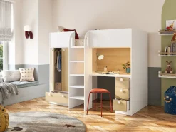 Vente-unique Cama alta de 90 x 190 cm con armario y escritorio blanco y natural + colchón - CINAMO
