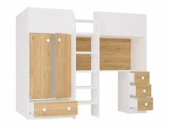Vente-unique Cama alta de 90 x 190 cm con armario y escritorio blanco y natural + colchón - CINAMO