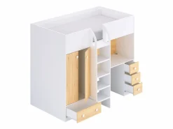 Vente-unique Cama alta de 90 x 190 cm con armario y escritorio blanco y natural + colchón - CINAMO