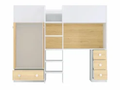Vente-unique Cama alta de 90 x 190 cm con armario y escritorio blanco y natural + colchón - CINAMO