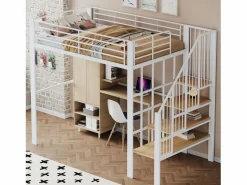 Discount Cama alta de 140 x 200 cm con escalera grande - Metal + Contrachapado + MDF - Somier de láminas - Cama Alta