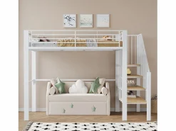 Discount Cama alta de 140 x 200 cm con escalera grande - Metal + Contrachapado + MDF - Somier de láminas - Cama Alta