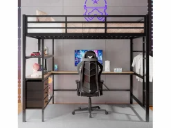 Clearance Cama alta de 140 x 200 cm con iluminación LED, escritorio, toma de corriente y 3 cajones - Cama infantil de metal y madera - Color Cama Alta