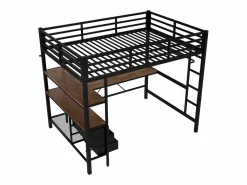 Clearance Cama alta de 140 x 200 cm con iluminación LED, escritorio, toma de corriente y 3 cajones - Cama infantil de metal y madera - Color Cama Alta