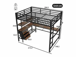 Clearance Cama alta de 140 x 200 cm con iluminación LED, escritorio, toma de corriente y 3 cajones - Cama infantil de metal y madera - Color Cama Alta