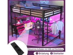 Clearance Cama alta de 140 x 200 cm con iluminación LED, escritorio, toma de corriente y 3 cajones - Cama infantil de metal y madera - Color Cama Alta