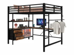 Clearance Cama alta de 140 x 200 cm con iluminación LED, escritorio, toma de corriente y 3 cajones - Cama infantil de metal y madera - Color Cama Alta