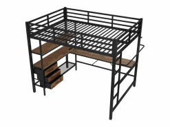 Clearance Cama alta de 140 x 200 cm con iluminación LED, escritorio, toma de corriente y 3 cajones - Cama infantil de metal y madera - Color Cama Alta
