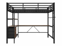 Clearance Cama alta de 140 x 200 cm con iluminación LED, escritorio, toma de corriente y 3 cajones - Cama infantil de metal y madera - Color Cama Alta