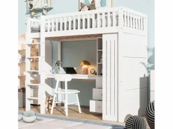 ModernLuxe Cama alta de madera de 90x200 cm - con escritorio y armario -