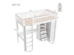 ModernLuxe Cama alta de madera de 90x200 cm - con escritorio y armario -