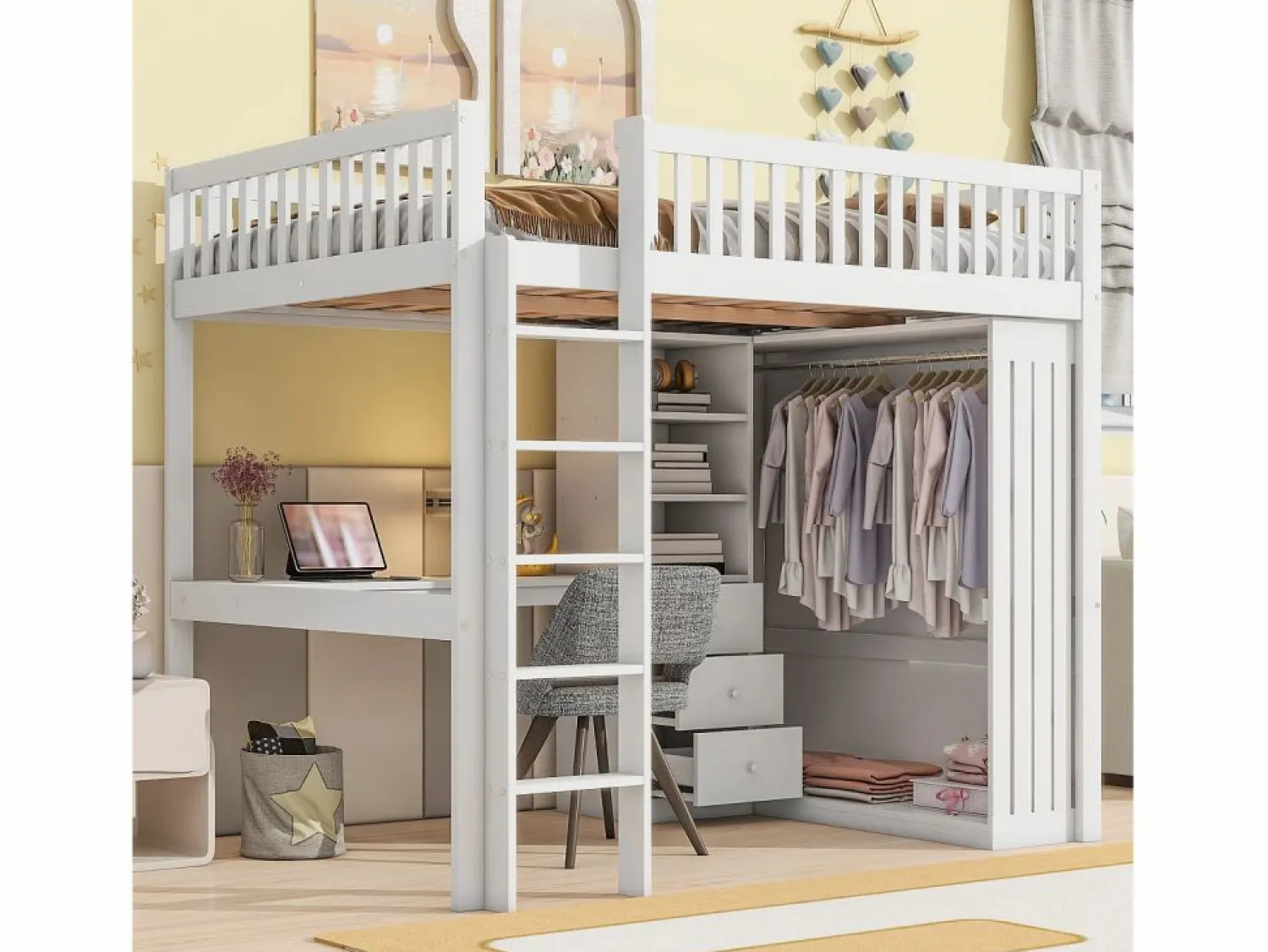 Discount Cama alta de madera de 140x200 cm - con escritorio y armario - Cama Alta