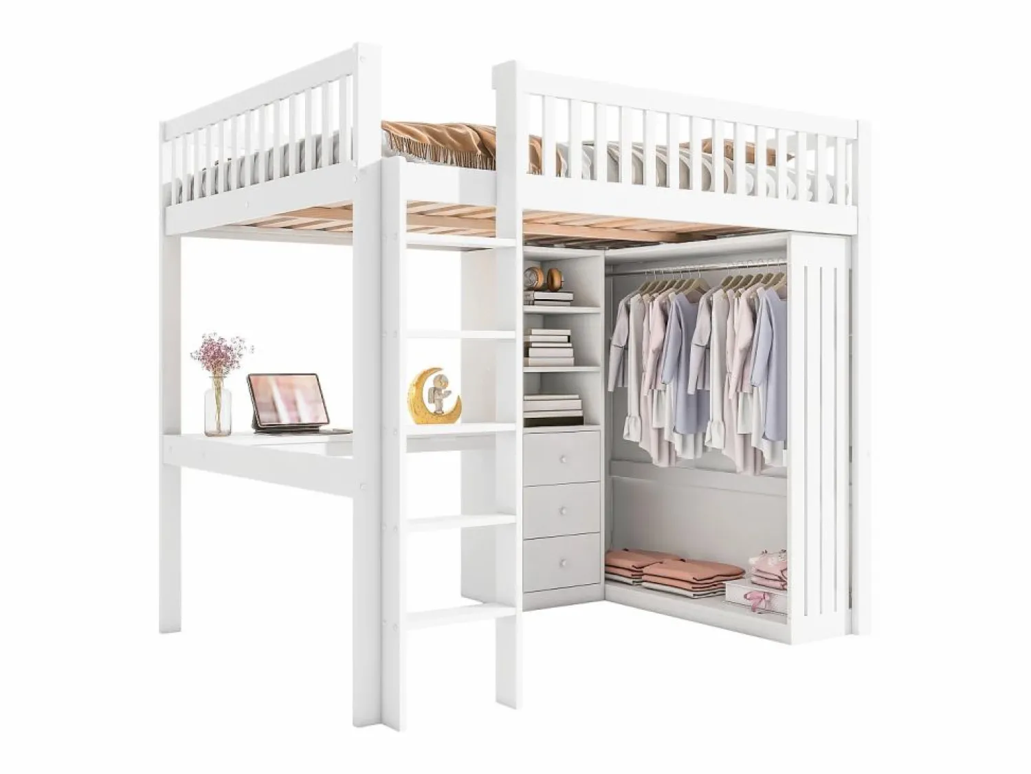 Discount Cama alta de madera de 140x200 cm - con escritorio y armario - Cama Alta